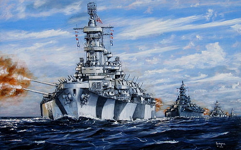 papel de parede digital de navio branco, mar, fogo, figura, arte, Stroy, tiros, WW2, Marinha dos EUA, navios da linha, HD papel de parede HD wallpaper
