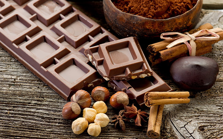 Schokoriegel, dunkle Schokolade, Nüsse, Zimt, Nelken, Kakao, Kastanien, HD-Hintergrundbild