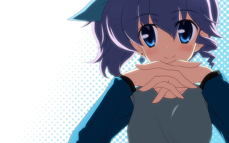 purpurrote behaarte weibliche Animecharakterillustration, Mädchen, Augen, Blau, großer Ohrring, Licht, Haltung, HD-Hintergrundbild