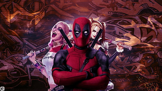 Deadpool et Harley Quinn fond d'écran, Deadpool, Harley Quinn, Suicide Squad, art, Margot Robbie, Meilleurs Films de 2016, Fond d'écran HD HD wallpaper
