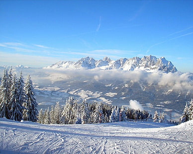 снежный покров гора, горнолыжный курорт, спуск, туман, HD обои HD wallpaper