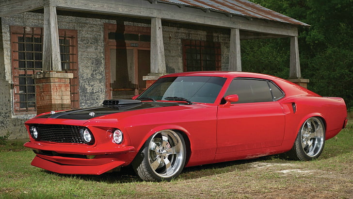 red Ford Mustang, red, Ford, Mustang, 1969, side view, muscle car, boss 429, HD wallpaper