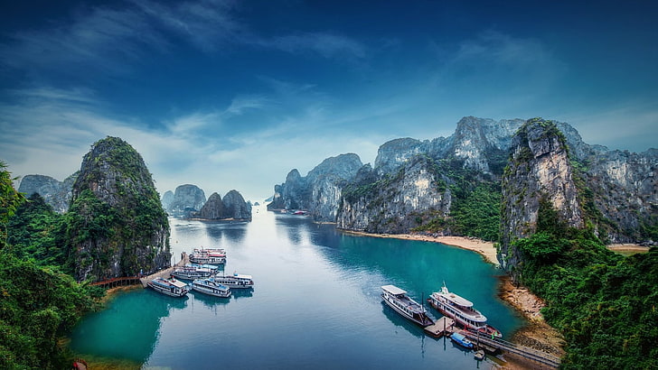 Фотография, Hạ Long Bay, Лодка, Земля, Ha Long Bay, Гора, Скала, Дерево, Вьетнам, HD обои