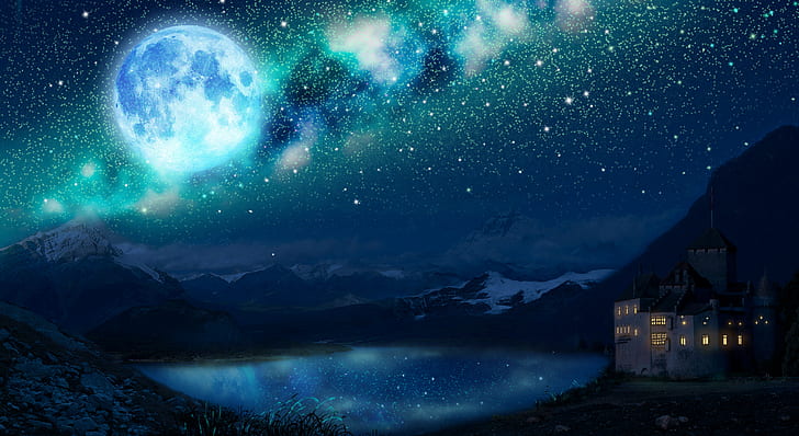 Anime, Original, Gebäude, See, Mond, Sternenhimmel, HD-Hintergrundbild