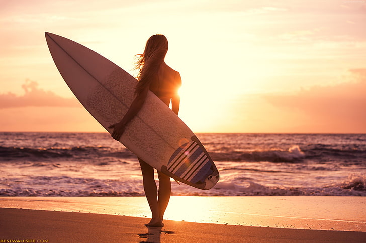 девушка, солнце, пляж, серфинг, море, HD обои