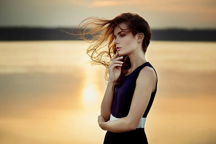Irina Regent, model, looking away, windy, profile, auburn hair, long hair, Ann Nevreva, dress, depth of field, women, HD wallpaper