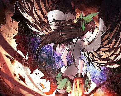 Utsuho Reiuji, Touhou, крылья, вид сзади, аниме, HD обои HD wallpaper