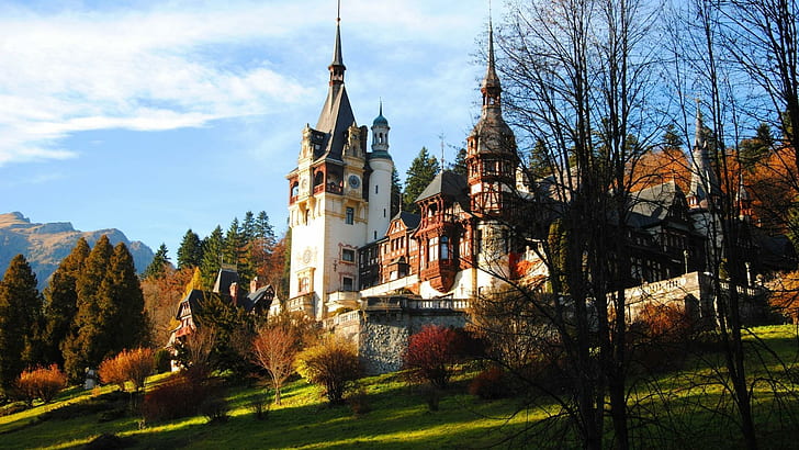 Castillo maravilloso de Peles en Rumania, pintura de la pared del castillo blanco y marrón, árboles, castillo, torres, hierba, colina, naturaleza y paisajes, Fondo de pantalla HD