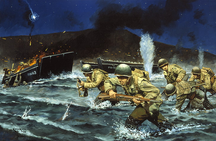 su kütlesi üzerinde ordu savaşı, savaş, askerler, koşmak, İtalya - 9 Eylül 1943 - ABD Ordusunun en uzun II. Dünya Savaşı kampanyası başladı, Salerno, Çığ Uçağı Keith Rocco, HD masaüstü duvar kağıdı