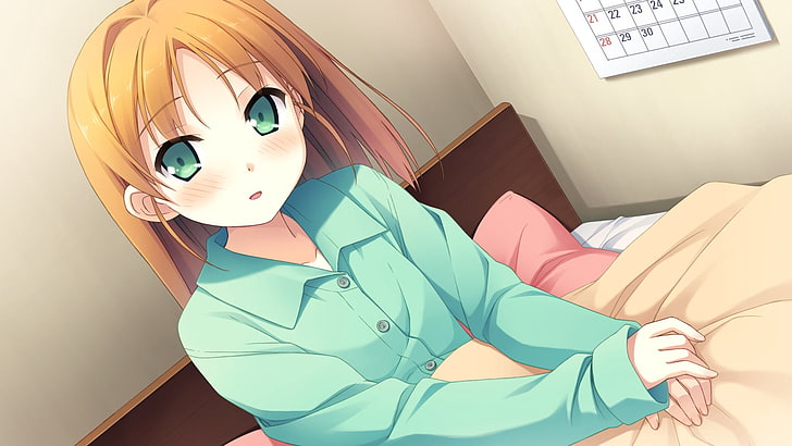 brown haired female anime character, kantoku, your diary, minagawa yuuhi, girl, bed, look, HD wallpaper