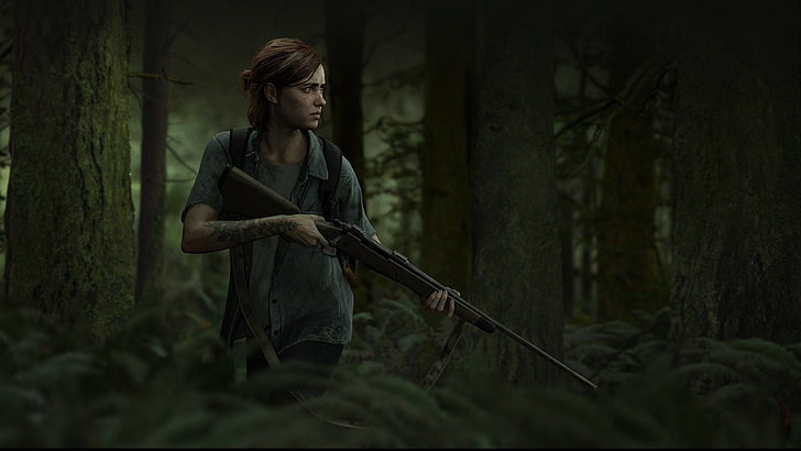 Das graue Button-up-Shirt der Frauen, der letzte von uns, der letzte von uns 2, der letzte von uns Teil 2, Ellie, Videospiele, Dschungel, der letzte von uns II, HD-Hintergrundbild