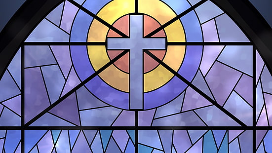 крест, фактура, окно, витраж, цветное стекло, фрагмент стекла, HD обои HD wallpaper