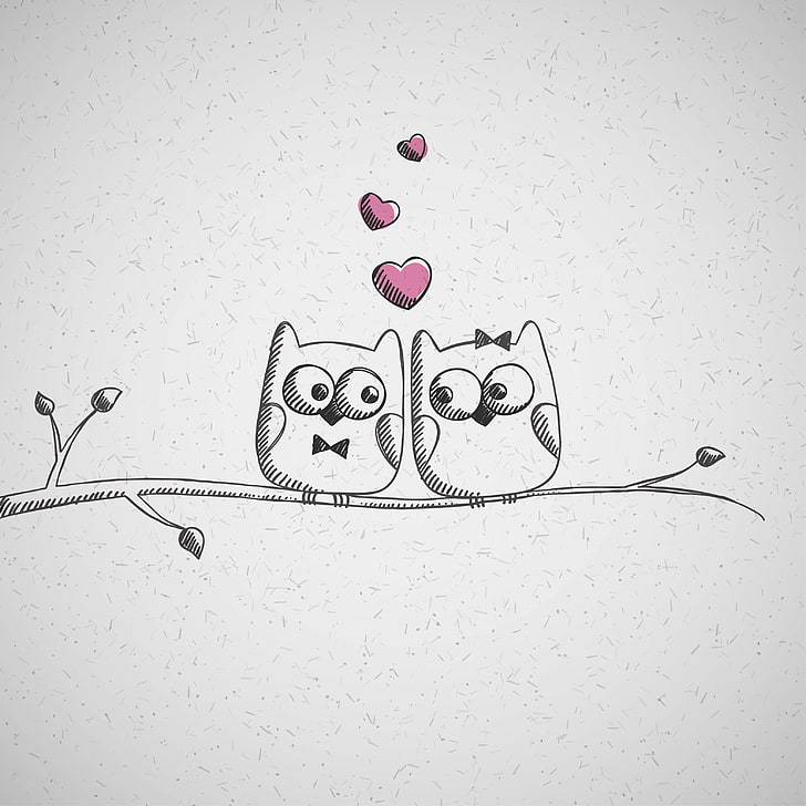 Two black owls sketch, love, figure, hearts, owls, HD wallpaper |  Wallpaperbetter