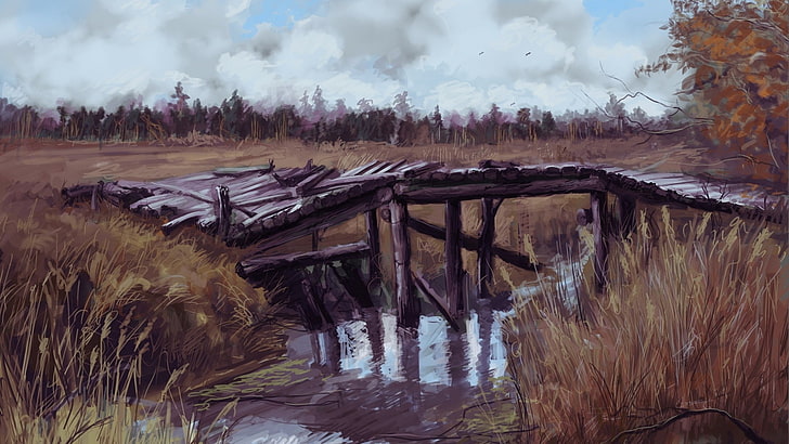 grass, bridge, painting, river, landscape, HD wallpaper