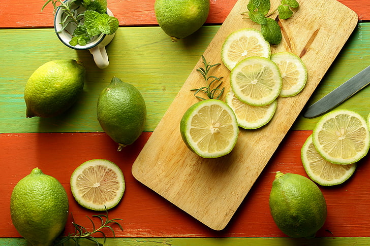 green, fruit, lime, citrus, mint, slices, rosemary, HD wallpaper