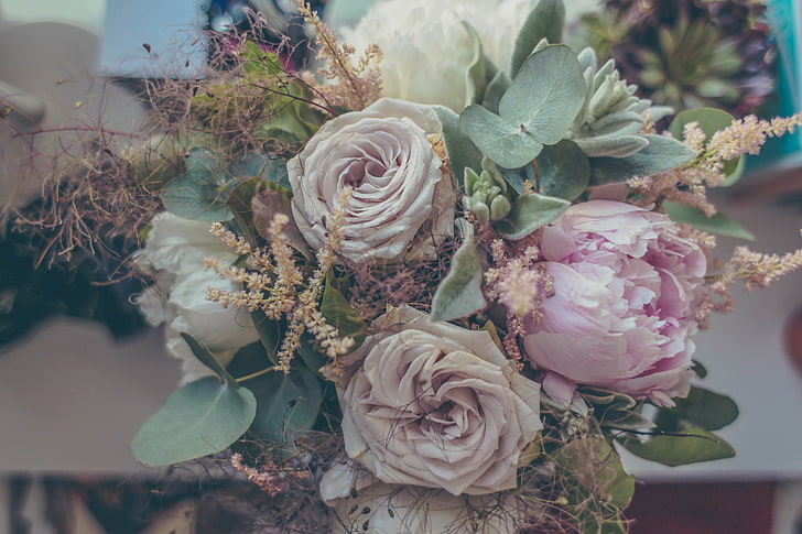 흰색과 분홍색 장미 꽃, 장미, 꽃다발, 구성, 장식, HD 배경 화면