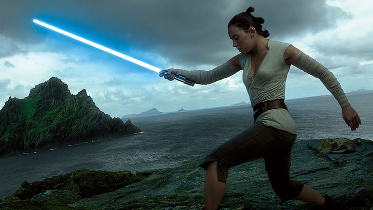 movies, lightsaber, Rey, Star Wars, Daisy Ridley, Rey (from Star Wars), Star Wars: The Last Jedi, HD wallpaper