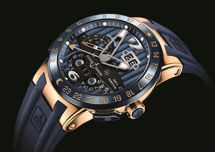 round black chronograph watch with black strap, Watch, Blue, Ulysse, Nardin, LARGE, Toro, HD wallpaper