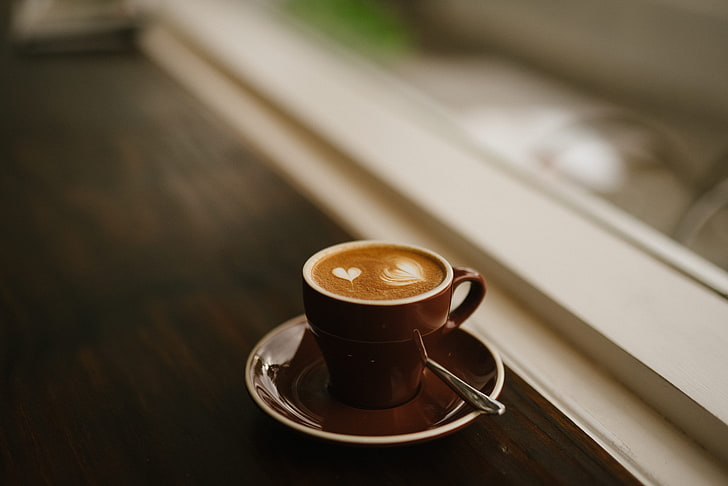 cangkir kopi keramik coklat, kopi, espresso, cappuccino, cangkir, busa, Wallpaper HD