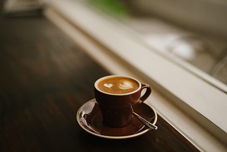 xícara de café em cerâmica marrom, café, café expresso, cappuccino, xícara, espuma, HD papel de parede HD wallpaper