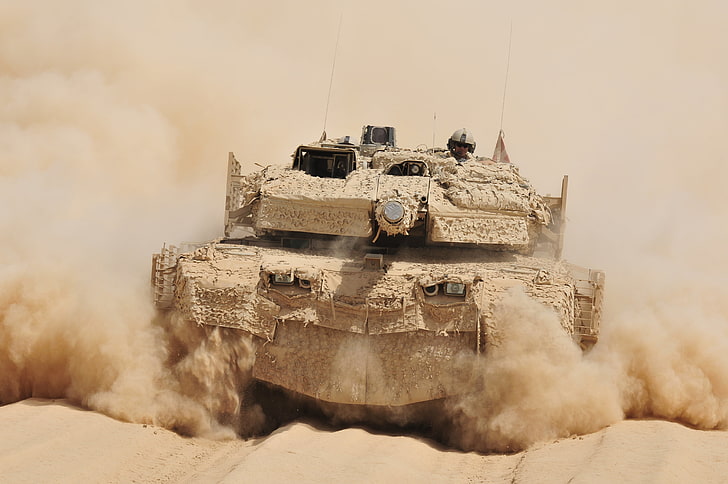 brown military tank, dust, tank, combat, rides, Afghanistan, German, main, Leopard 2A5 DK, VS Denmark, desert camouflage SAAB Barracuda, HD wallpaper