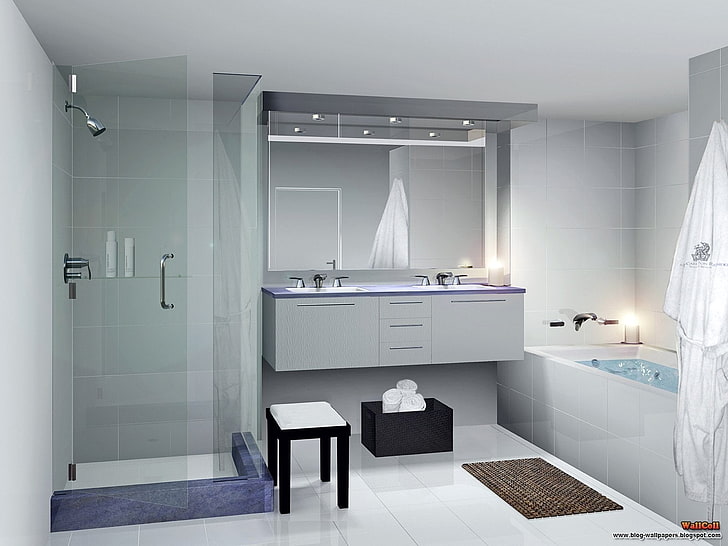 armoires de cuisine en bois blanc et noir, salle de bains, intérieur, Fond d'écran HD