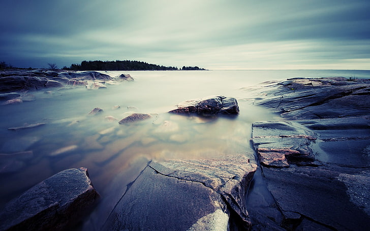 การถ่ายภาพน้ำทะเลธรรมชาติชายฝั่งหินการเปิดรับแสงเป็นเวลานาน, วอลล์เปเปอร์ HD