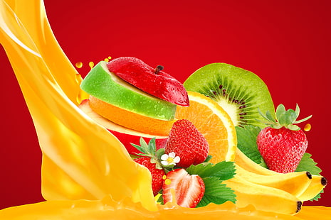 Warna-warni, Buah-buahan, Jeruk, Pisang, Apel, 5K, 4K, Stroberi, Kiwi, Wallpaper HD HD wallpaper