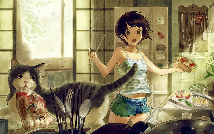 Anime, Anime Girls, Brünette, kurze Haare, offener Mund, Tiere, Katze, Wegsehen, originelle Charaktere, Küche, HD-Hintergrundbild