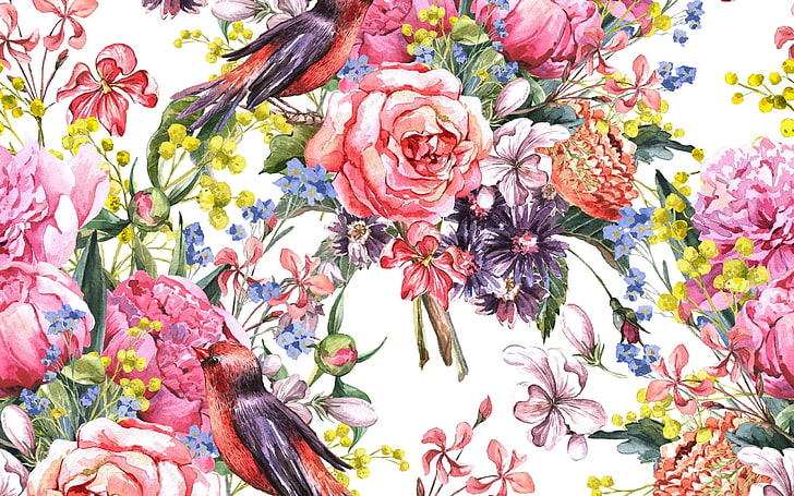 birds, flowers, painting, watercolor, HD wallpaper