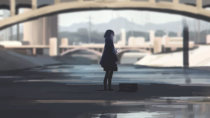 Anime Mädchen, Kunstwerk, Stadtbild, dunkel, Brücke, Handy, Regenmantel, HD-Hintergrundbild
