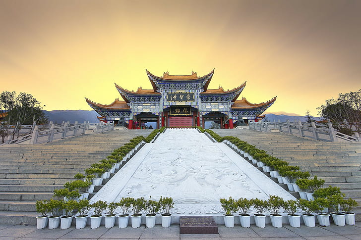 China, Berge, Sonnenuntergang, China, Berge, Menschen, Tempel, Treppen, Sonnenuntergang, HD-Hintergrundbild
