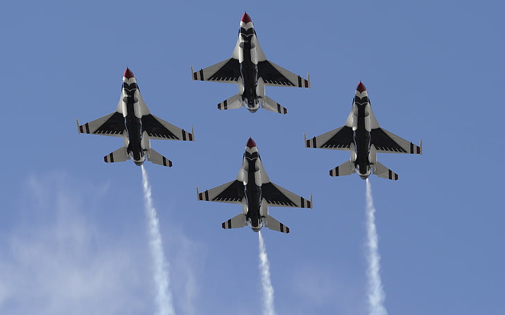 Air Force F-16 Fighting Falcon Sky, cztery czarno-szare samoloty bojowe, Samoloty / Samoloty, Samolot, Samoloty, Tapety HD