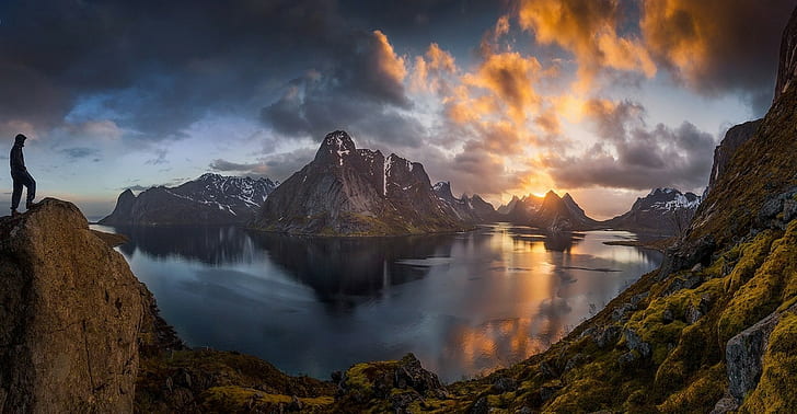 pemandangan alam panorama pulau lofoten norwegia matahari terbenam gunung langit laut bersalju mendaki puncak teluk, Wallpaper HD