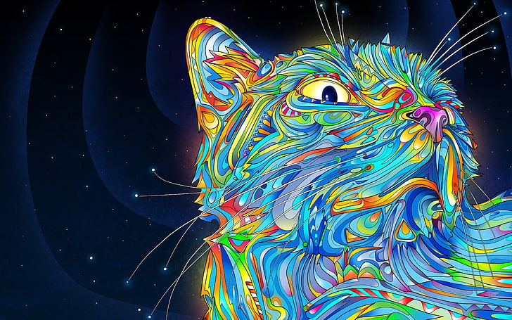 التوضيح مجردة من القط ، مخدر ، القط ، الملونة ، الفن الرقمي ، ماتي أبوستولسكو ، الحيوانات، خلفية HD