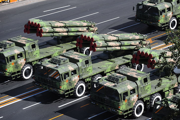four green rocket launcher trucks, military, china, parade, mrls, HD wallpaper