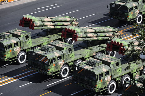 four green rocket launcher trucks, military, china, parade, mrls, HD wallpaper HD wallpaper