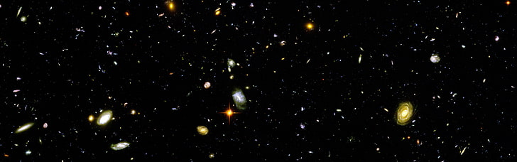 портрет галактики, Hubble Deep Field, космос, галактика, несколько дисплеев, два монитора, HD обои