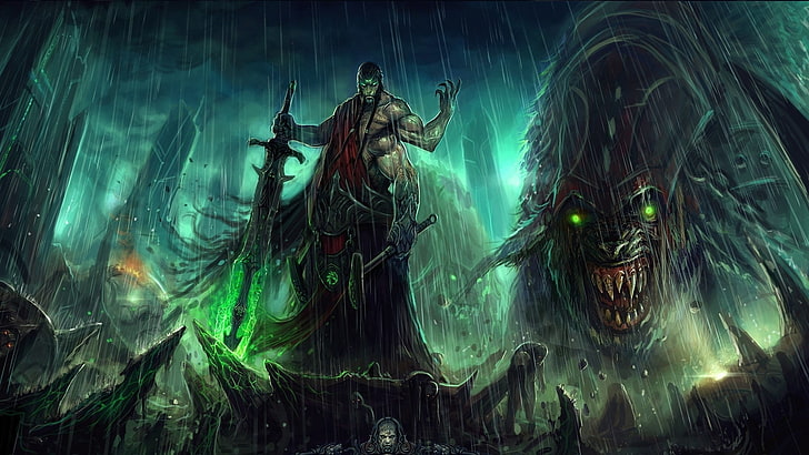 фото человека с мечом рядом с монстром, обои, фэнтези арт, воин, тварь, тёмная фантазия, HD обои
