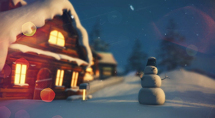 Christmas House, snowman near brown house, Artistic, 3D, Snowman, nature, sky, snow, winter, night, creative, inspiration, vfx, HD wallpaper