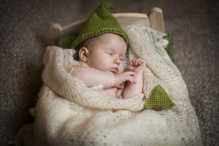 Bonnet tricoté vert de bébé, enfants, chapeau, sommeil, bébé, dormir, châle, enfant, berceau, Fond d'écran HD