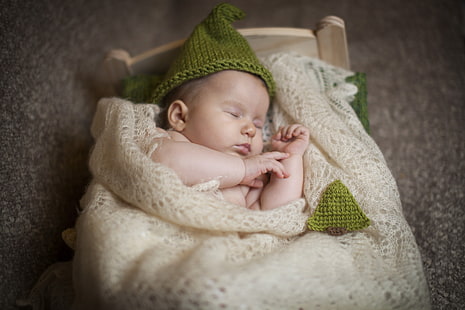 baby's green knitted beanie cap, children, hat, sleep, baby, sleeping, shawl, child, cot, HD wallpaper HD wallpaper