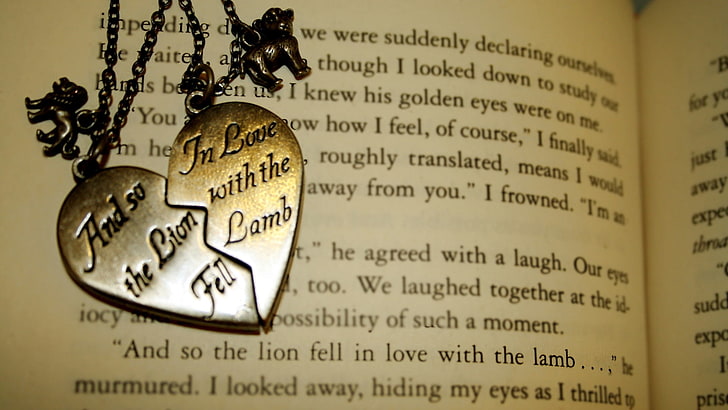 gold-colored broken heart pendants, book, heart, pendants, locket, HD wallpaper
