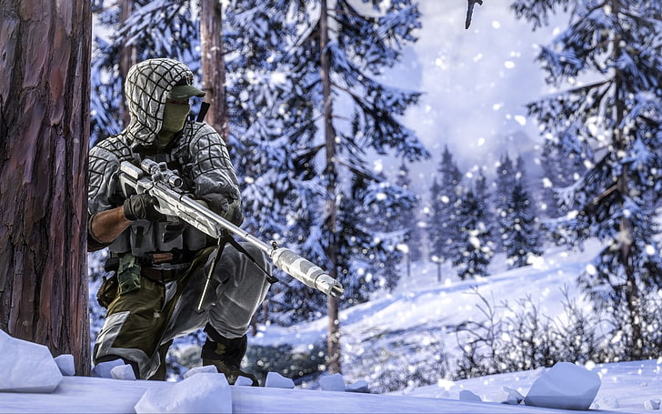 дигитален тапет за игри, Battlefield 4, войник, зима, дървета, снайперисти, HD тапет