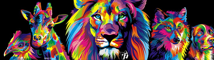 Tela múltipla, colorida, leão, lobo, cachorro, girafas, tela múltipla, colorida, leão, lobo, cachorro, girafas, 3840x1080, HD papel de parede