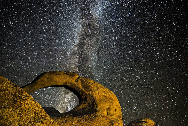 brown stone formation during nighttime, brown stone, formation, nighttime, nikon  D800, Night, Alabama Hills  California, Milky Way, Arches, Bishop, CA, astronomy, nature, star - Space, galaxy, HD wallpaper