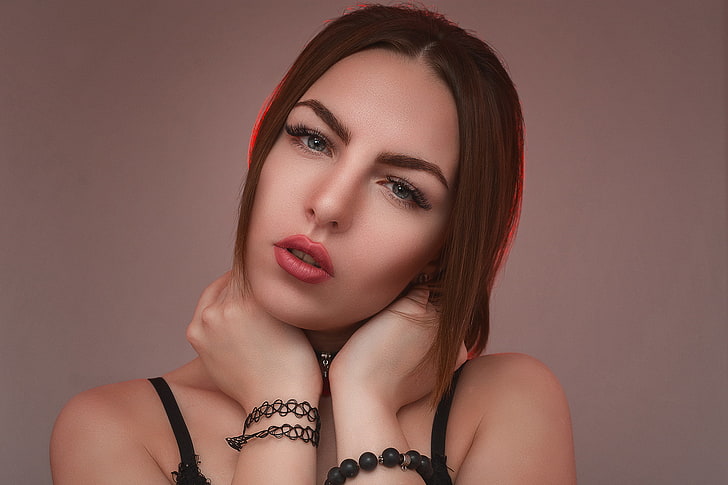 women, face, portrait, simple background, pink lipstick, bare shoulders, Penza, HD wallpaper