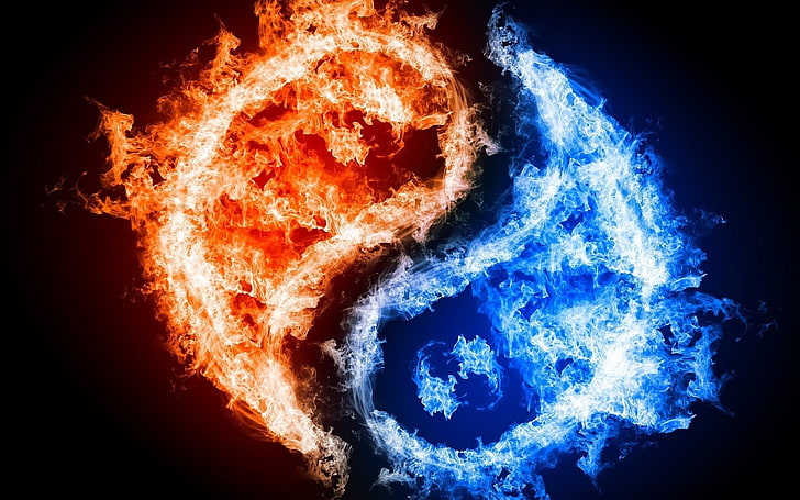 fogo vermelho e azul Yin-Yang, Yin e Yang, fogo, água, arte digital, HD papel de parede