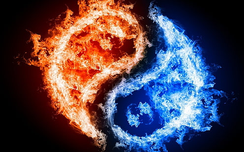 fuoco rosso e blu Yin-Yang, Yin e Yang, fuoco, acqua, arte digitale, Sfondo HD HD wallpaper
