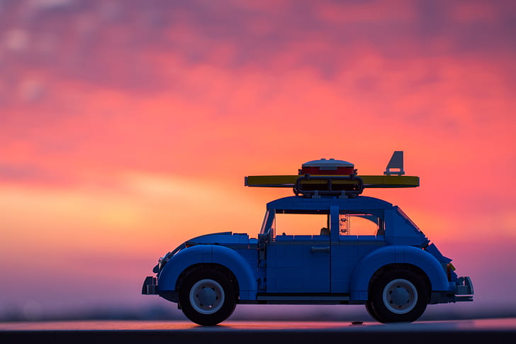 car, LEGO, Volkswagen Beetle, sunset, toys, surfboards, miniatures, depth of field, HD wallpaper